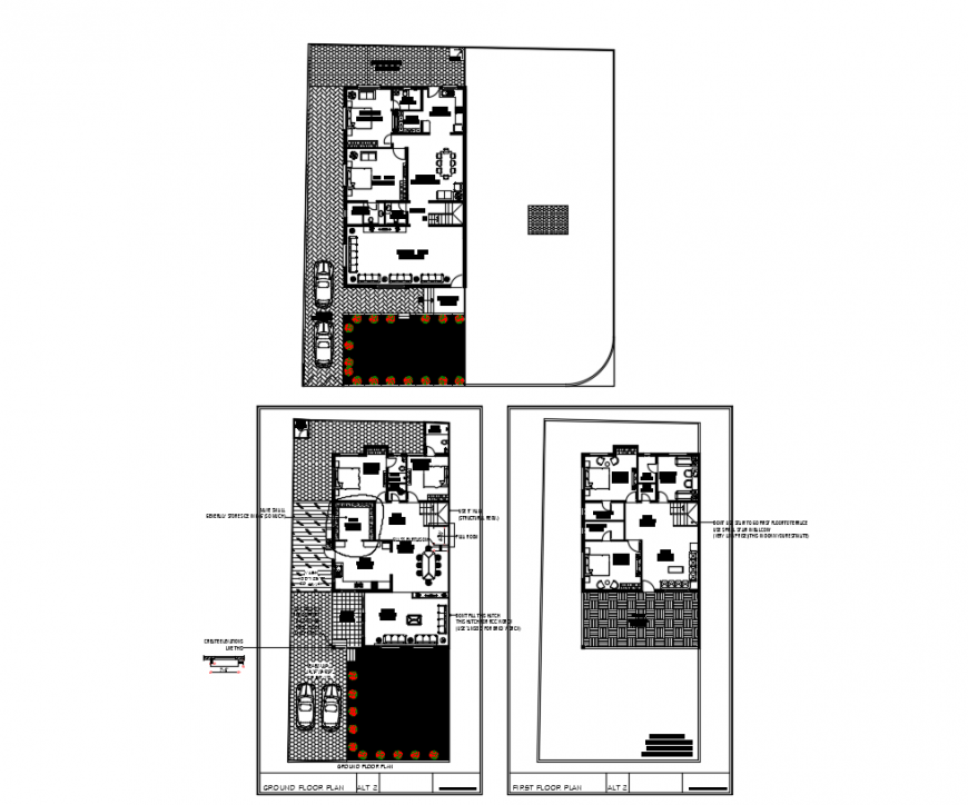 Top view interior detail of a house plan with ground floor and first floor plan detail dwg file