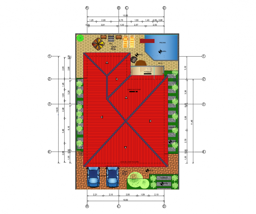 Top view layout plan details of one family residential house dwg file