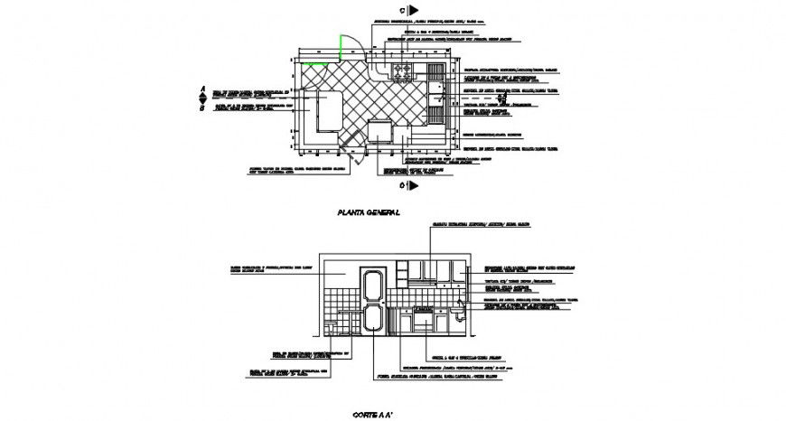 Top view layout plan of a kitchen detailing 2d dwg file