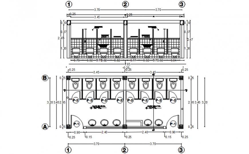 Top view plan and sectional detail of toilet