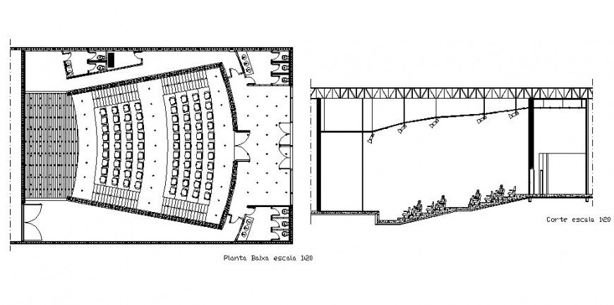 Top view plan of the theater drawing in dwg AutoCAD file.