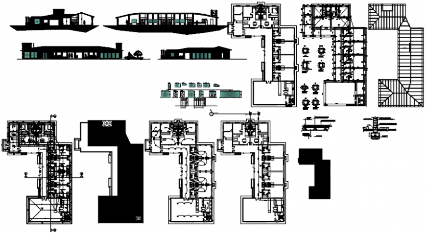 Tourism hotel elevation, section, floor plan and structure details dwg file