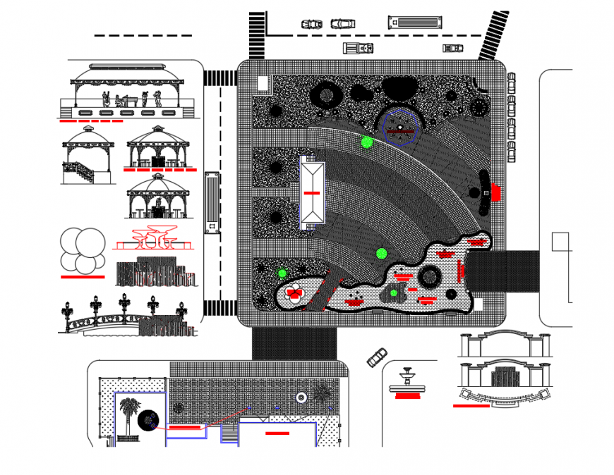 Tourist garden landscaping structure, gate elevation, equipment and auto cad details dwg file
