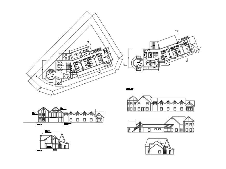 Tourist hostel all sided elevation, section and floor plan layout details dwg file