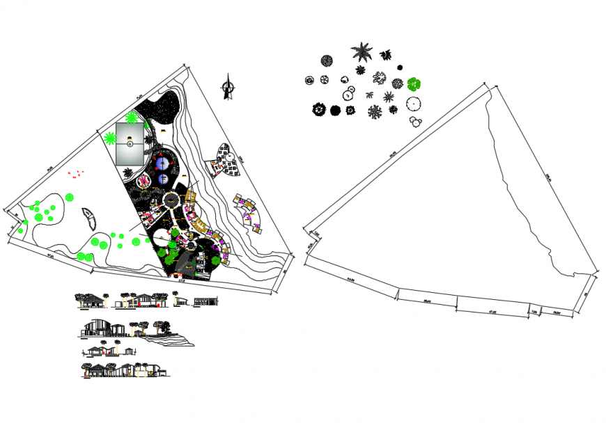 Tourist luxuries hotel all sided elevation, section and landscaping structure, layout plan details dwg file