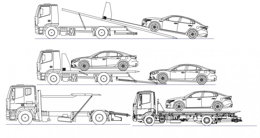 Tow truck all sided section block cad drawing details dwg file