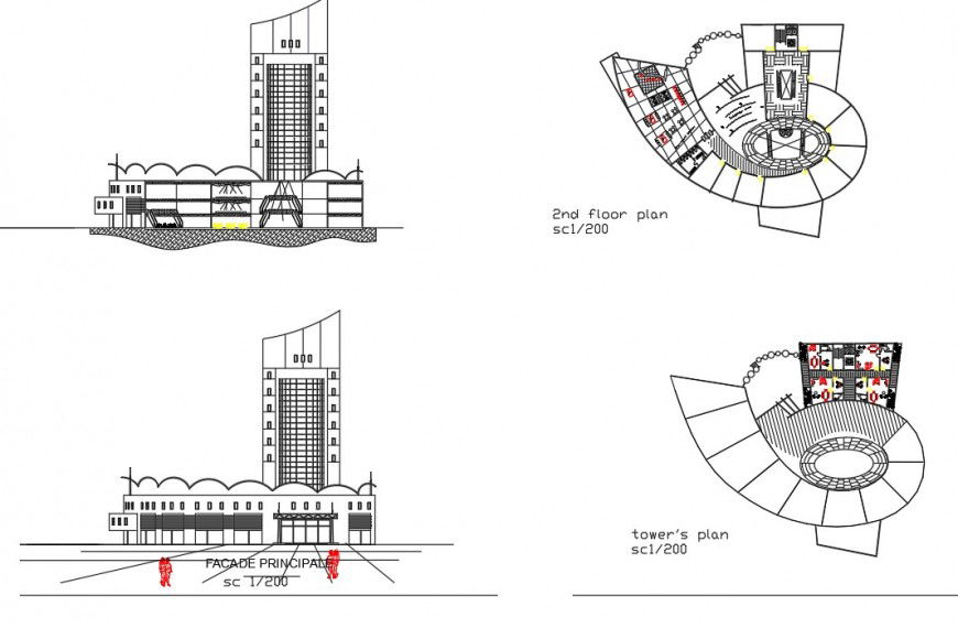 Tower building plan and elevation 2d view CAD structural block Autocad file