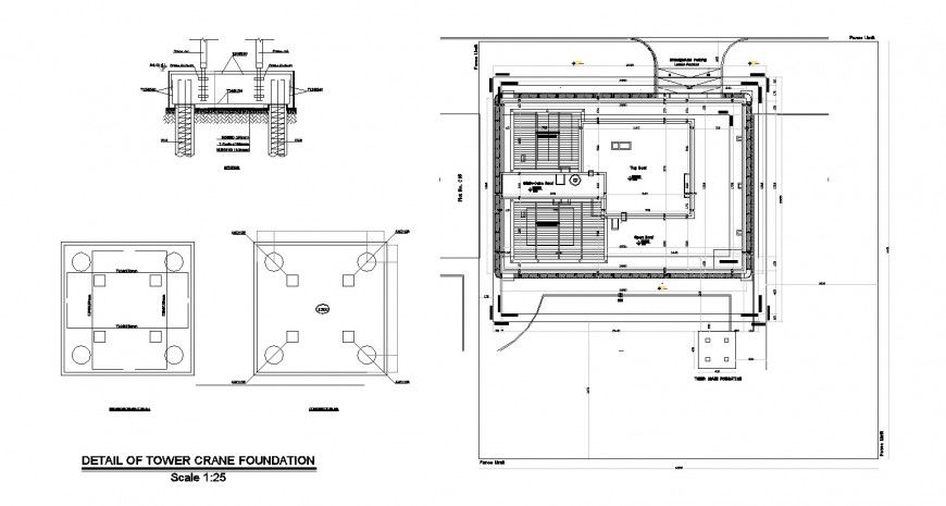 Tower crane foundation and machine room and structure details dwg file