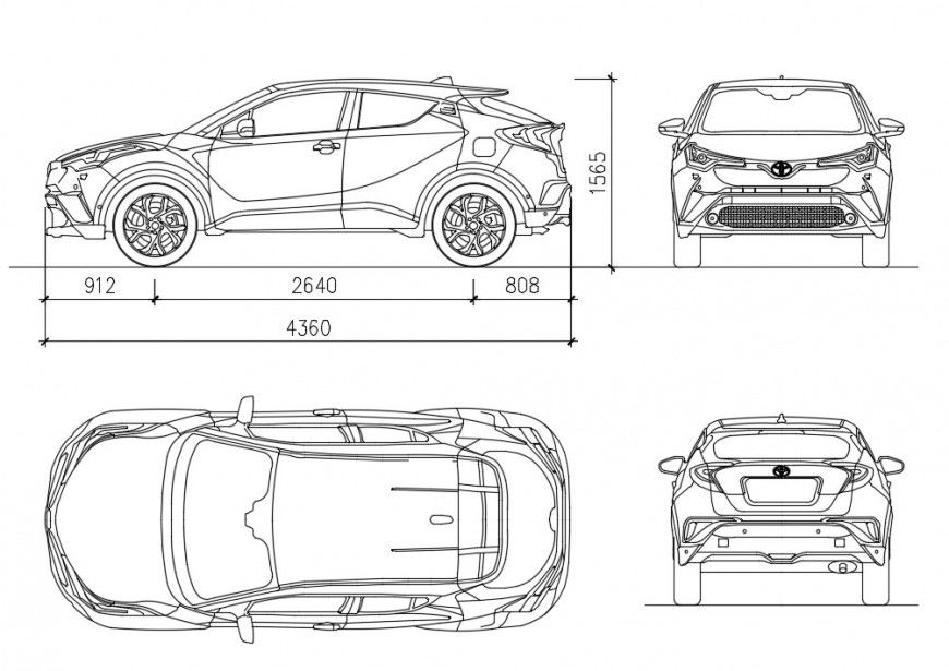 Toyota car all sided elevation 2d block details dwg file
