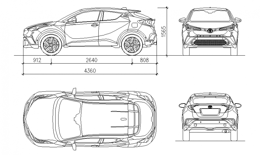Toyota car all sided elevation cad block details dwg file
