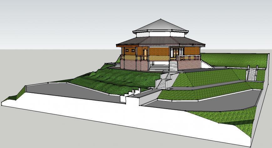 Traditional building on hill area drawing in skp file.