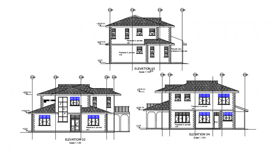 Traditional concept of a building , all side elevation dwg file
