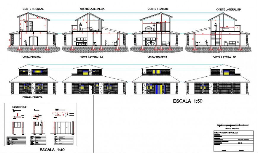 Traditional house elevation and section drawing in dwg file.