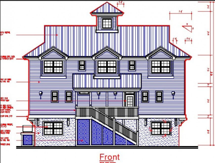 Traditional house front elevation drawing in dwg file.