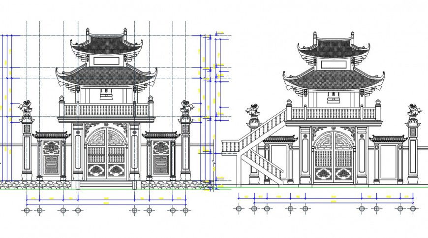 Traditional house main elevation and gate drawing details dwg file