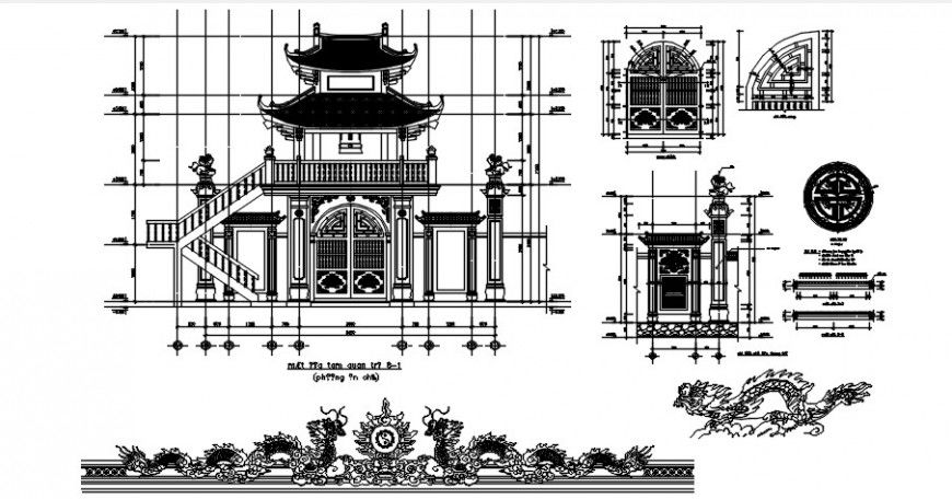 Traditional house main elevation and interior blocks drawing details dwg file