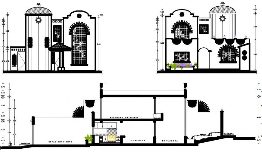 Traditional house two story elevations and section drawing details dwg file