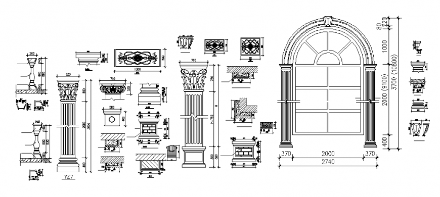 Traditional pillar and windows detail dwg file