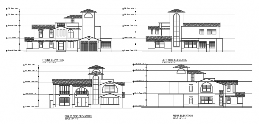 Traditional style bungalow elevation drawing in dwg AutoCAD file.