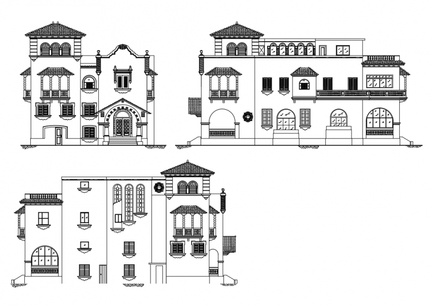 Traditional type bungalow front, back and side elevations details dwg file