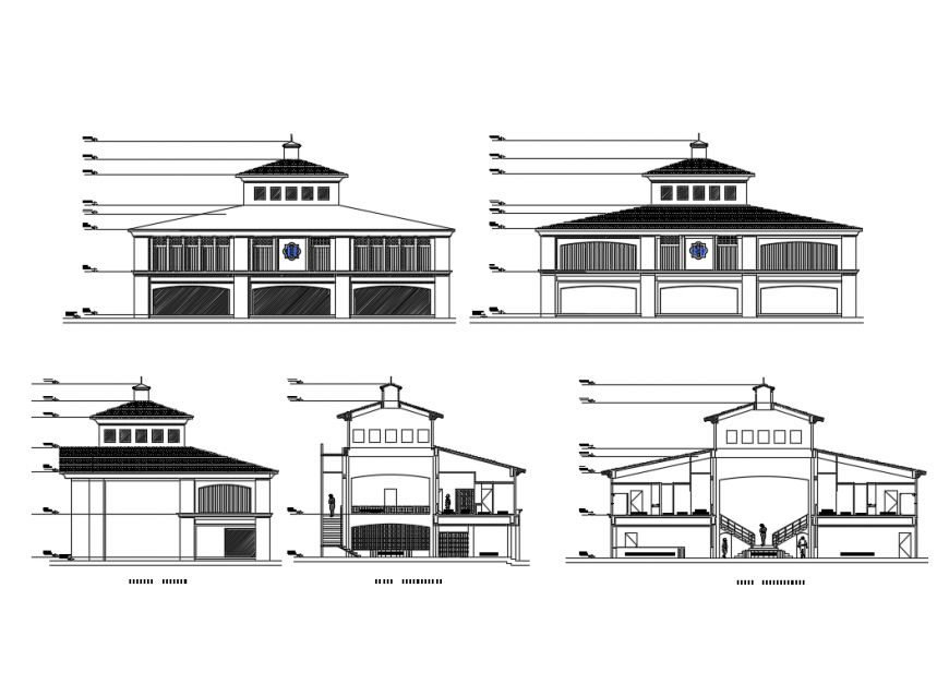 Traditional type club house all sided elevation and sectional details dwg file