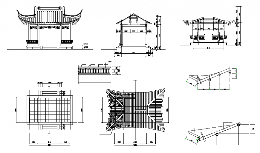 Traditional type gate elevation, section and roof details dwg file
