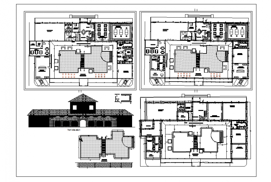 Traditional type restaurant elevation, section and floor plan details dwg file
