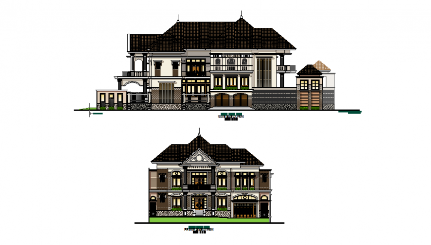 Traditional villa elevation drawing in dwg file.