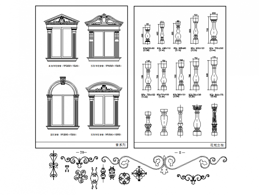 Traditional Window Frame and pillars Design and Elevation dwg file