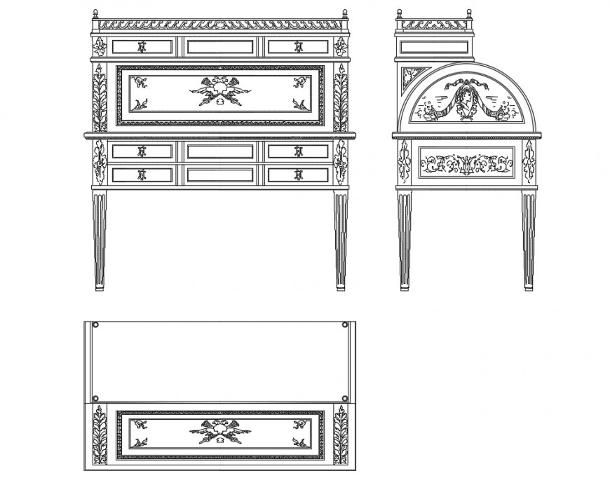 Traditional wooden writing desk elevation cad block details dwg file