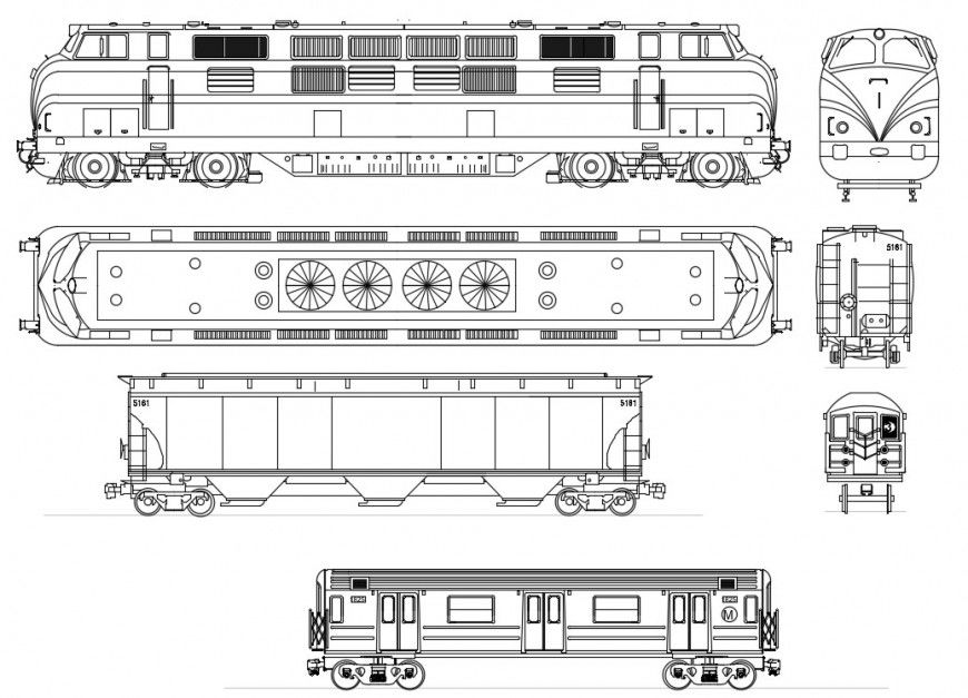 Train all sided elevation block cad drawing details dwg file
