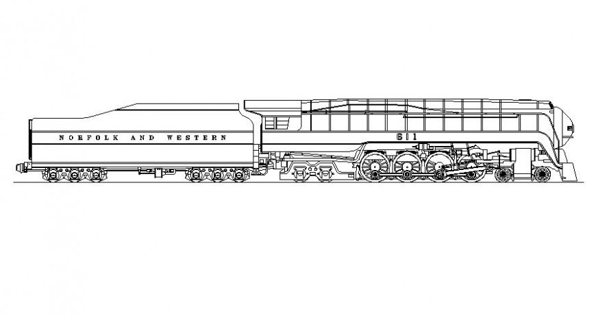 Train engine details drawing 2d view elevation in autocad