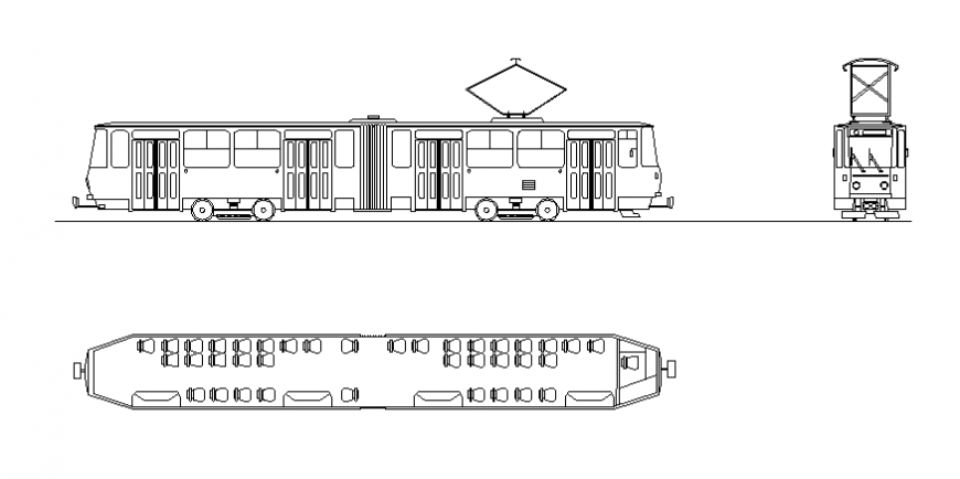 Train front, side and top view elevation cad drawing details dwg file