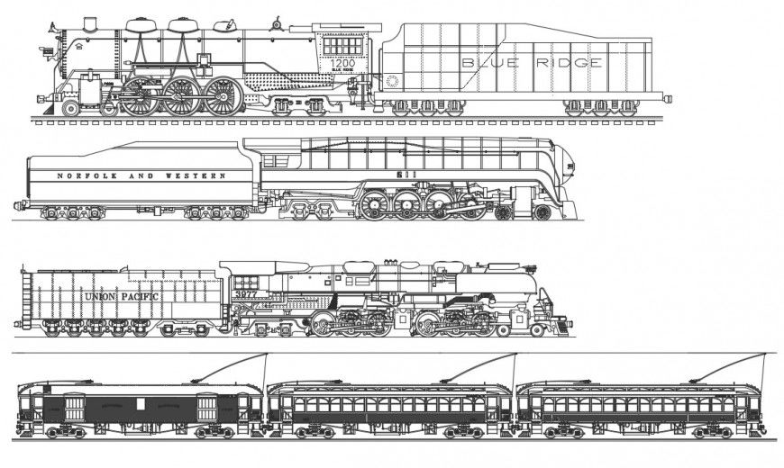 Train with engine elevation and section drawing details dwg file