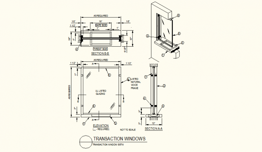 Transaction square shaped window detail plan and section dwg file