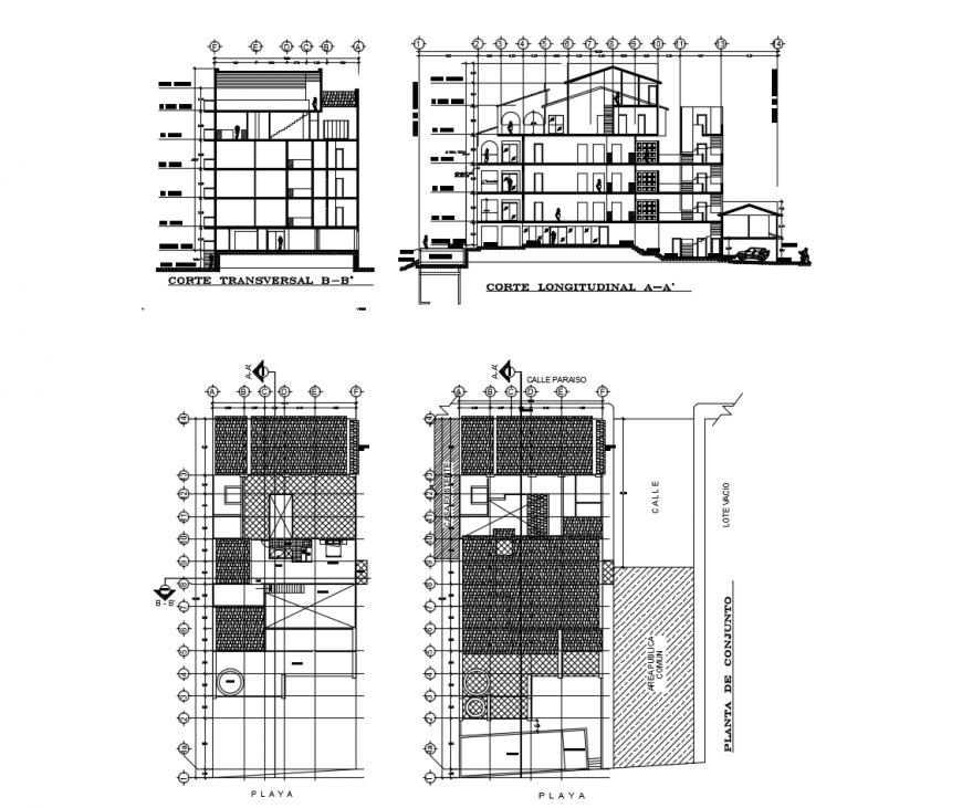 Transverse, longitudinal and all sided section and auto-cad drawing details of hotel building dwg file