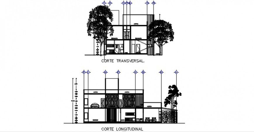 Transverse and logitude section drawing details of one family house dwg file