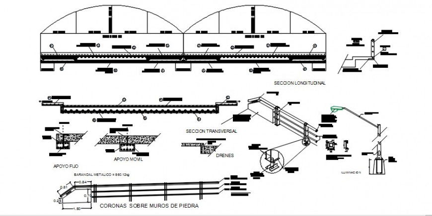 Transverse and longitudinal section and construction details of vehicular bridge dwg file