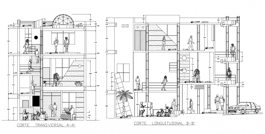 Transverse and longitudinal sectional drawing details of apartment flats dwg file