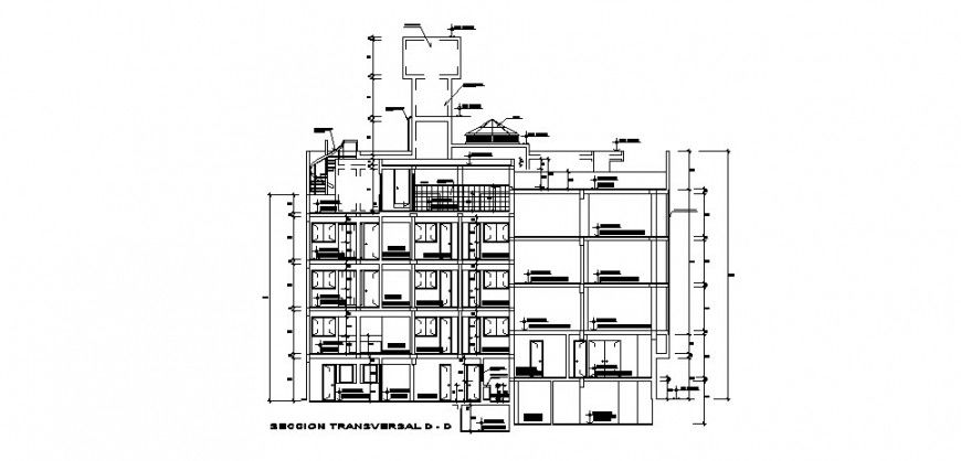 Transverse D-D sectional details of multi-story residential building dwg file