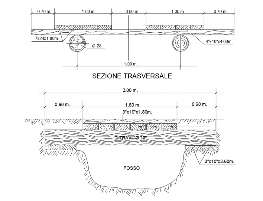 Transverse section and constructive structure details of wooden bridge dwg file