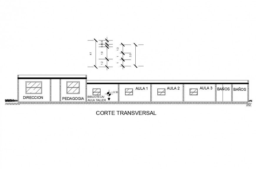 Transverse sectional drawing details of kinder garden school dwg file