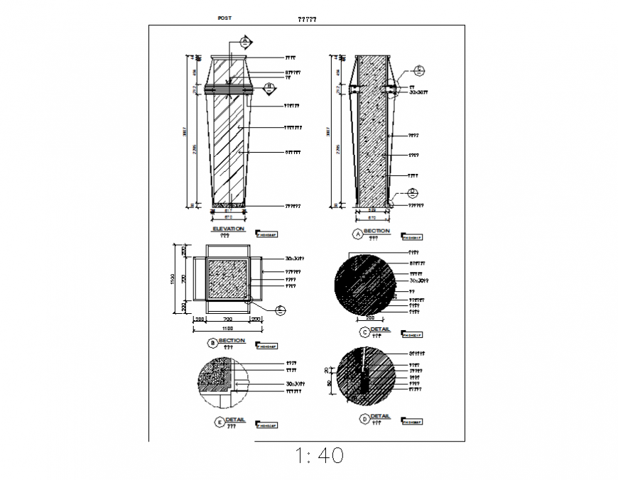 Trash bin elevation, section and plan cad drawing details dwg file
