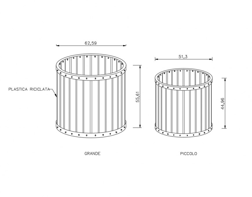 Trash bin front view elevation cad blocks details dwg file