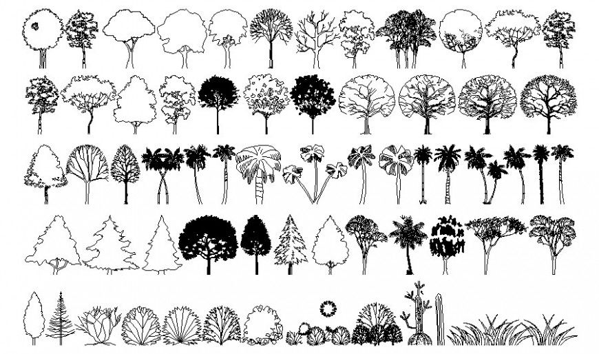 Trees and plants drawings 2d view in AutoCAD software