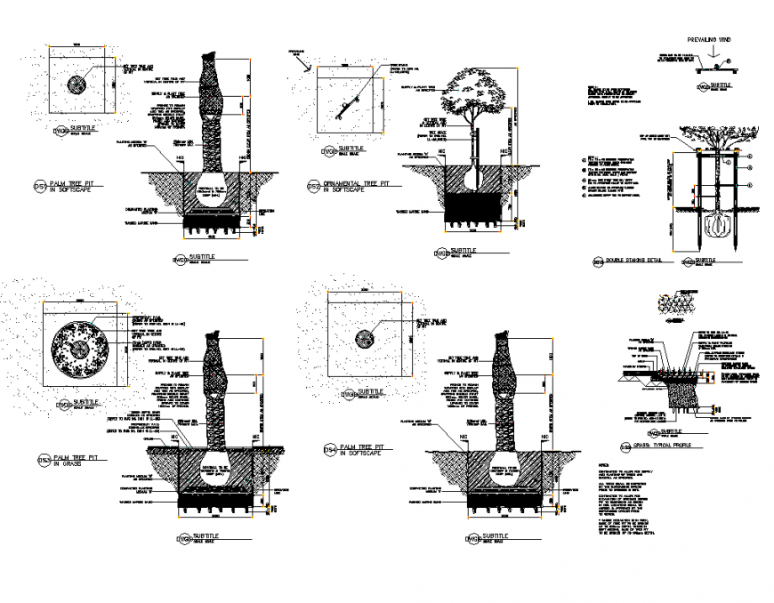 Trees plantation detail plan and scetion 2d view layout file