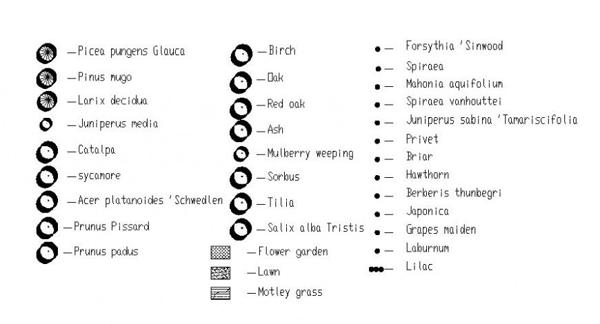Trees shrubs legend details 2d drawing in autocad software