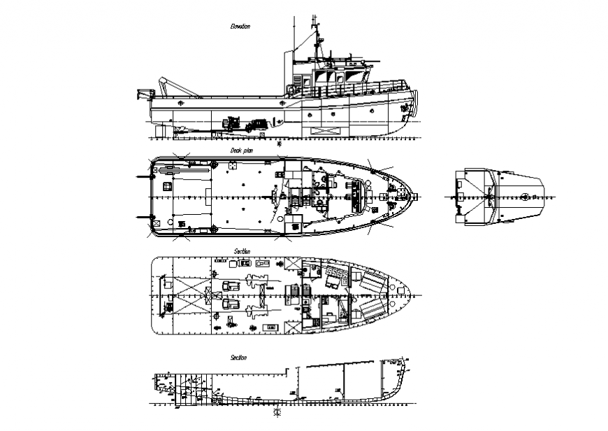 Tug boat elevation, section and plan cad drawing details dwg file