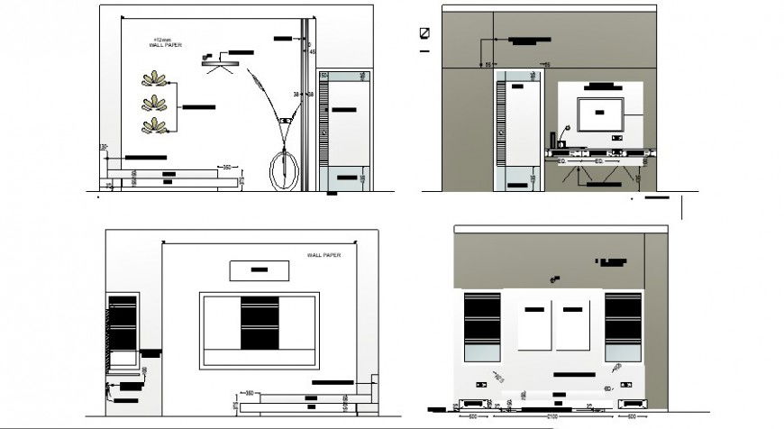 Tv cabinet elevation and section drawing details dwg file