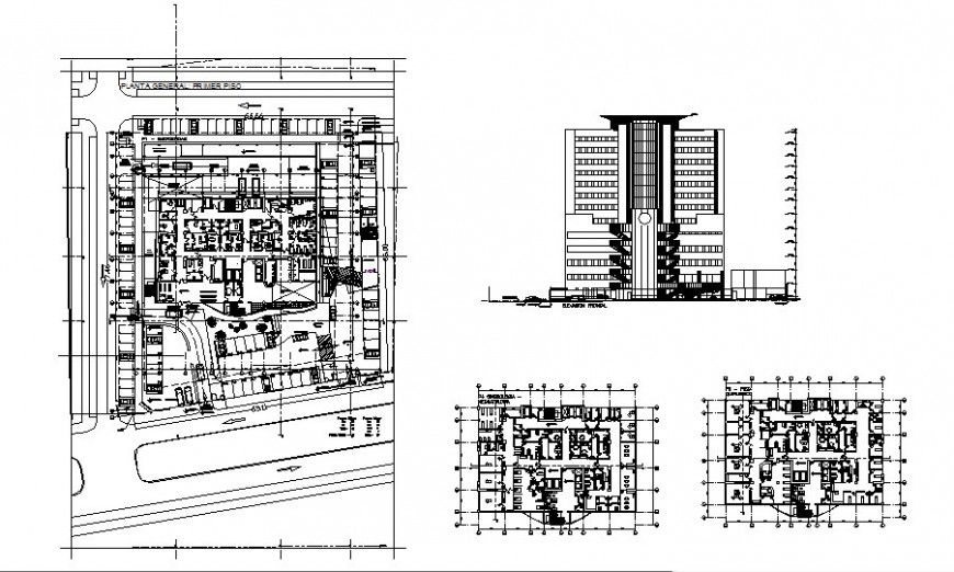 Twelve flooring multi-specialist hospital main elevation, plan and floor plan details dwg file